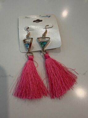 Fashion Jewelry Hot Pink Tassel Earrings with Triangular Abalone Accent